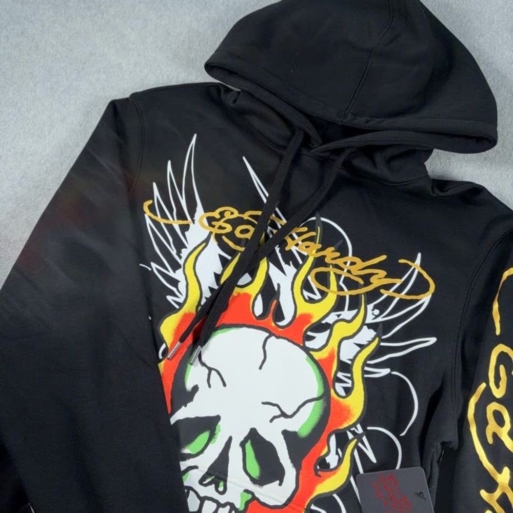 Ed Hardy Graphic Hoodie Mens M Black Skull Flame Wing Gold NWT